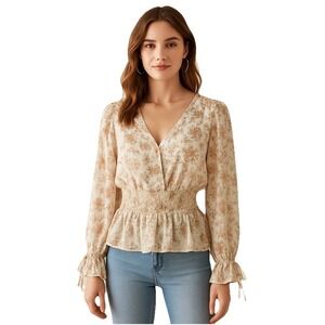 London Rose Womens Blouse Top Floral Long Sleeve Smoked Large V-Neck Bohemian